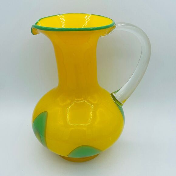 Other - Large Vintage Hand Blown Glass Pitcher Bright Yellow & Green Mid-Century 1960s